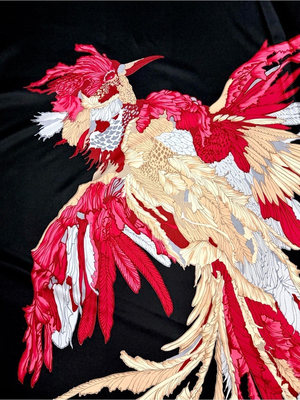 DA MAREN Silk Scarf Phoenix Fantasy Bird Black Pink Fuchsia Beige Hand Rolled - Picture 2 of 9